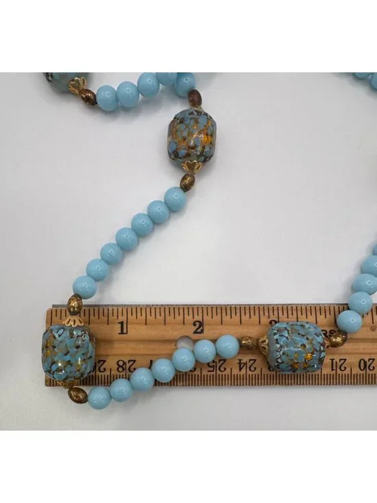 Blue Glass Lampwork Gold Foil Bead Necklace 24” Gold Tone Robins Egg Artisan - Picture 10 of 10